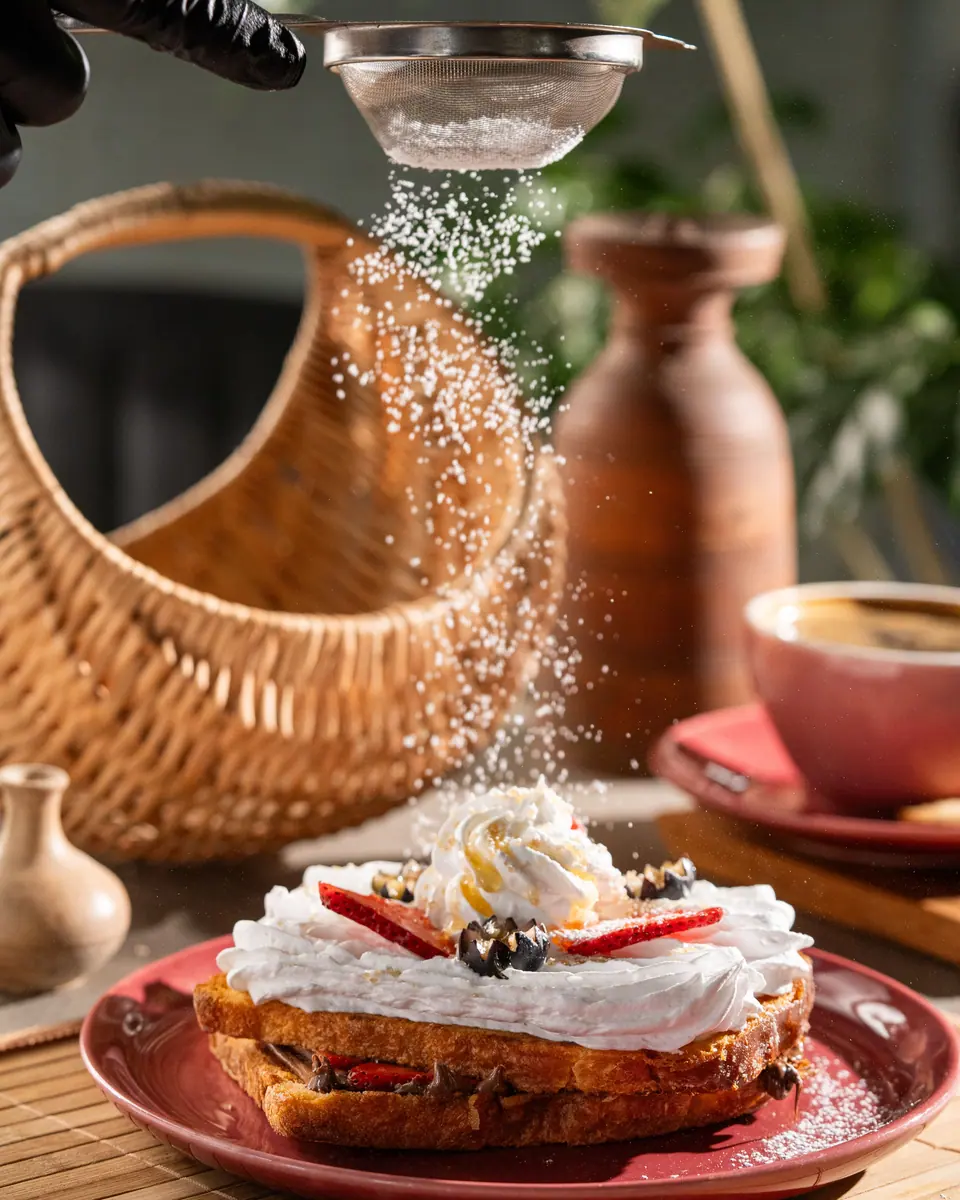 Sugar sifted over French toast topped with cream and strawberries