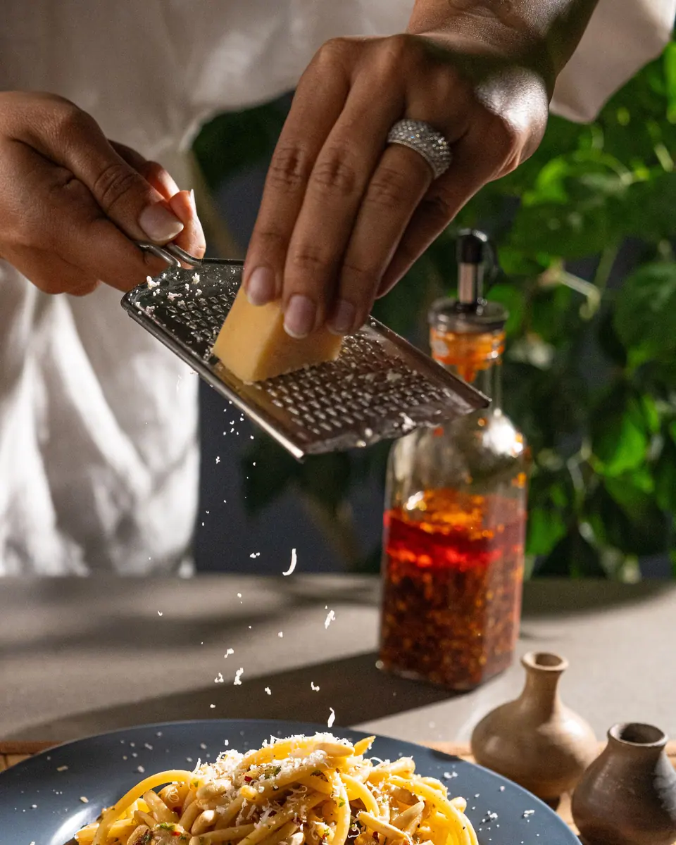 Hands grate parmesan over spaghetti beside a bottle of chilli oil